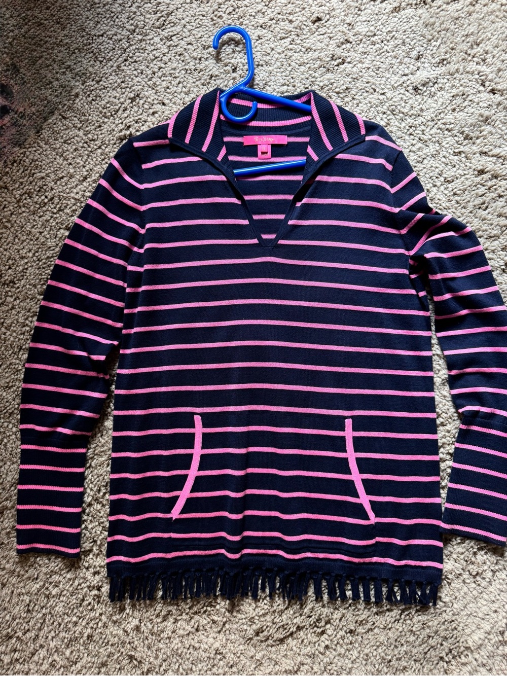Lilly Pulitzer Navy and Pink Striped V-Neck Sweater